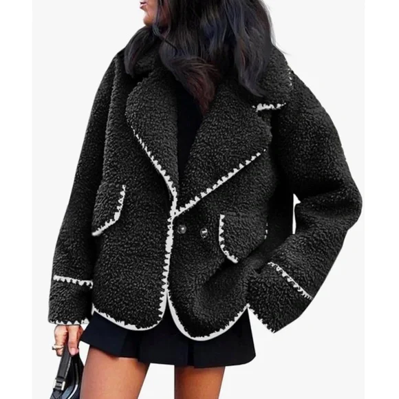 CHOUYATOU • Sherpa Fleece Jacket Casual Collar Fuzzy Coat Contrast Trims - Picture 2 of 8